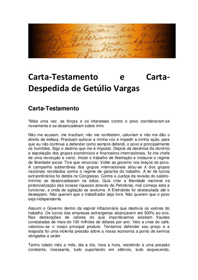 Carta testamento e cartadespedida de getúlio vargas
