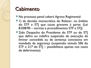 CabimentoCabimento
No processo penal caberá Agravo Regimental:
1) da decisão monocrática do Relator, no âmbito
do STF e STJ que cause gravame à parte; (Lei
8.038/90 – normas e procedimentos STF e STJ)
2)do Despacho do Presidente do STF ou do STJ
que defira ou indefira suspensão de execução de
liminar concedida ou de sentença concessiva em
mandado de segurança (suspensão súmula 506 do
STF e 217 do STJ – possibilitava apenas nos casos
de deferimento)
 