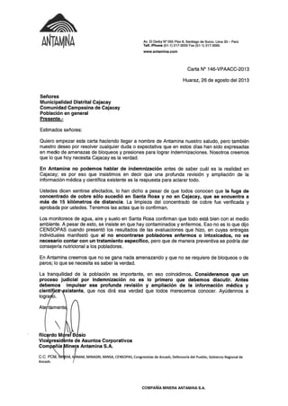 Carta de Antamina a la Comunidad Campesina de Cajacay sobre la fuga del mineroducto en Santa Rosa