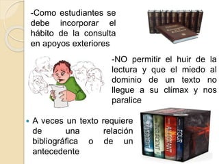  A veces un texto requiere
de una relación
bibliográfica o de un
antecedente
-Como estudiantes se
debe incorporar el
hábito de la consulta
en apoyos exteriores
-NO permitir el huir de la
lectura y que el miedo al
dominio de un texto no
llegue a su clímax y nos
paralice
 