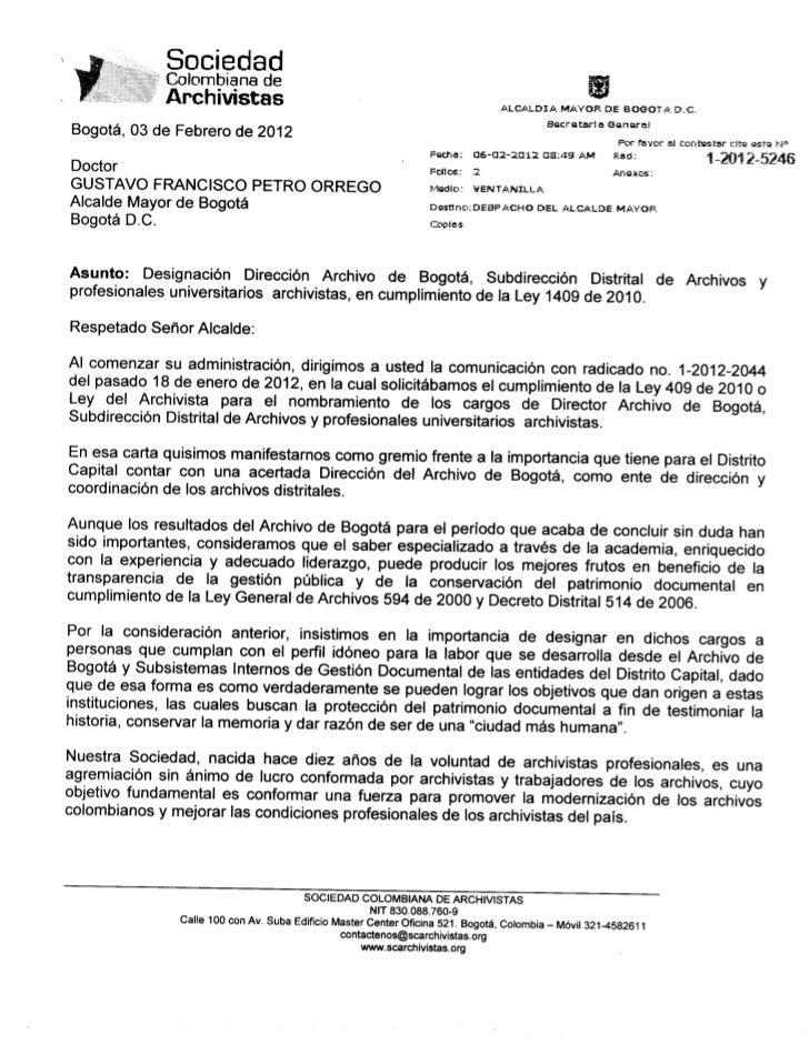 Carta a Alcalde Mayor de Bogotá Director Archivo Bogotá