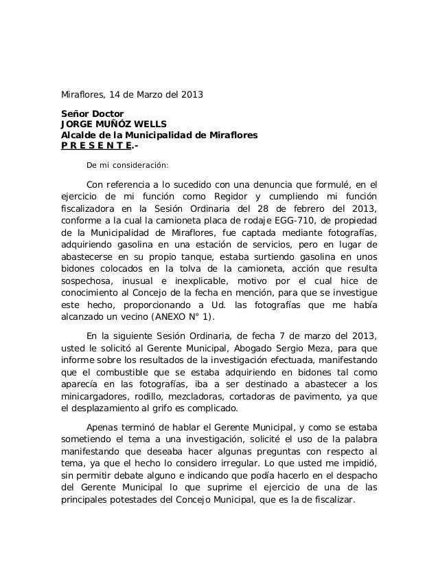 Carta a alcalde de Miraflores, Jorge Muñoz, sobre el caso 