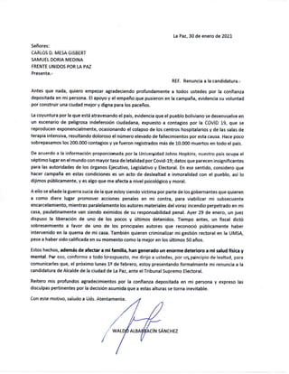 Waldo Albarracín renuncia a su la candidatura a la Alcaldía de La Paz