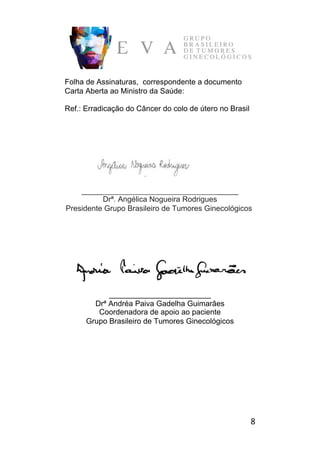 8	
Folha de Assinaturas, correspondente a documento
Carta Aberta ao Ministro da Saúde:
Ref.: Erradicação do Câncer do colo de útero no Brasil
_____________________________________
Drª. Angélica Nogueira Rodrigues
Presidente Grupo Brasileiro de Tumores Ginecológicos
________________________
Drª Andréa Paiva Gadelha Guimarães
Coordenadora de apoio ao paciente
Grupo Brasileiro de Tumores Ginecológicos
 
