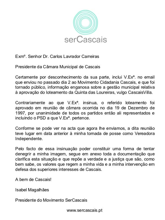 Carta Aberta ao Presidente da Câmara Municipal de Cascais 