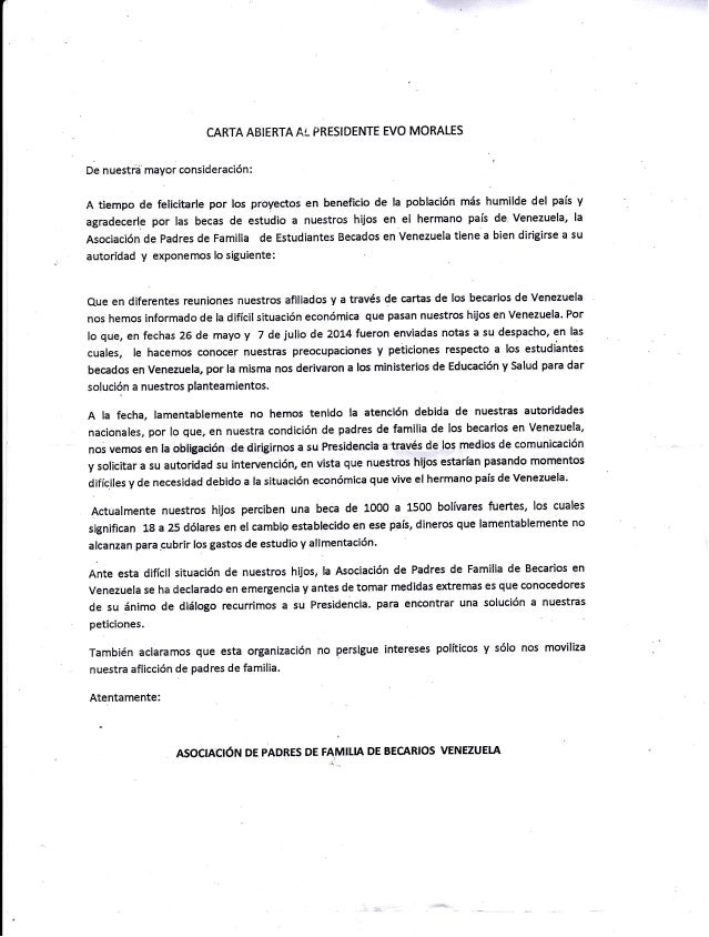 Carta abierta al presidente evo morales estudiantes 