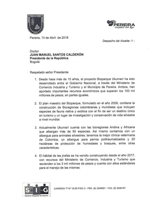 Carta abierta al presidente Juan Manuel Santos- Solicitud traslado Jirafa