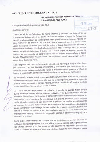 Carta abierta de Juan Millan al alcalde  Juan Polo