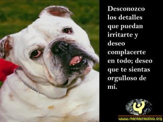 Desconozco los detalles que puedan irritarte y deseo complacerte en todo; deseo que te sientas orgulloso de mí. 