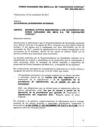 Carta a accionistas - Citación entrega de activos remanentes FGM S.A. 