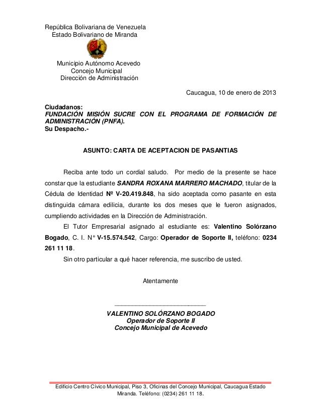 Carta aceptacion de pasantias