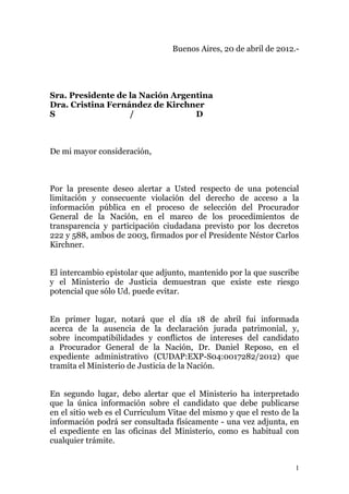 Carta a la Presidenta sobre Información Incompleta del Candidato a Procurador