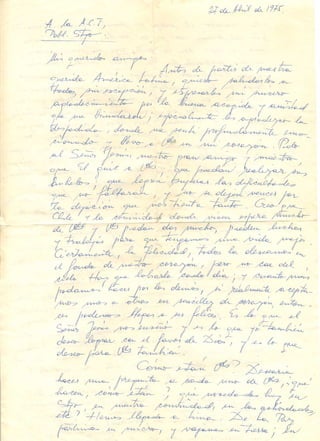 Carta escrita por el padre Carlos Csokay Klemm SJ el 27 de abril de 1975 al grupo catolico Accion Cristana Joven (ACJ)