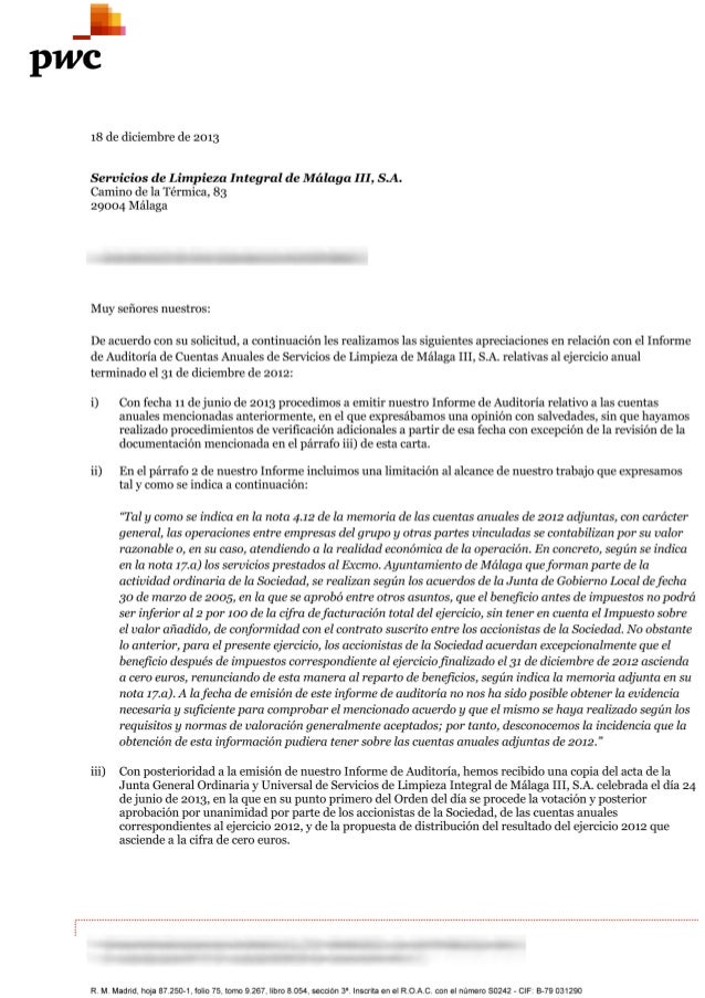 Carta aclaratoria sobre el informe de auditoría Limasa 2012