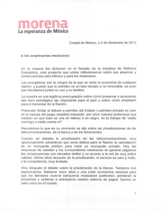 Carta López Obrador a empresarios mexicanos 2013