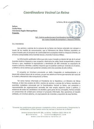 Carta de la Coordinadora Vecinal La Reina a Intendenta Metropolitana Sra.Cecilia Pérez