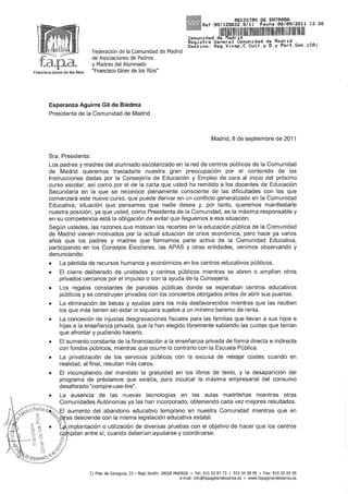 Carta a la presidenta de la comunidad de madrid 08 09-2011