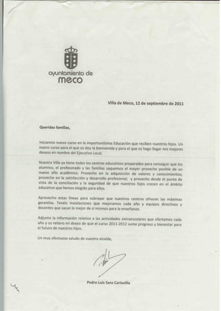 Carta inicio de clases 2011 Alcalde de Meco 