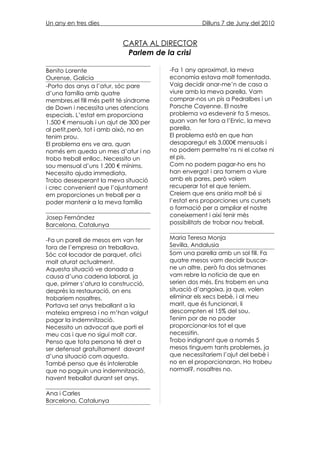 Un any en tres dies                                Dilluns 7 de Juny del 2010


                           CARTA AL DIRECTOR
                            Parlem de la crisi

Benito Lorente                          -Fa 1 any aproximat, la meva
Ourense, Galicia                        economia estava molt fomentada.
-Porto dos anys a l’atur, sóc pare      Vaig decidir anar-me’n de casa a
d’una família amb quatre                viure amb la meva parella. Vam
membres,el fill més petit té síndrome   comprar-nos un pis a Pedralbes i un
de Down i necessita unes atencions      Porsche Cayenne. El nostre
especials. L’estat em proporciona       problema va esdevenir fa 5 mesos,
1.500 € mensuals i un ajut de 300 per   quan van fer fora a l’Enric, la meva
al petit,però, tot i amb això, no en    parella.
tenim prou.                             El problema està en que han
El problema ens ve ara, quan            desaparegut els 3.000€ mensuals i
només em queda un mes d’atur i no       no podem permetre’ns ni el cotxe ni
trobo treball enlloc. Necessito un      el pis.
sou mensual d’uns 1.200 € mínims.       Com no podem pagar-ho ens ho
Necessito ajuda immediata.              han envergat i ara tornem a viure
Trobo desesperant la meva situació      amb els pares, però volem
i crec convenient que l’ajuntament      recuperar tot el que teníem.
em proporciones un treball per a        Creiem que ens aniria molt bé si
poder mantenir a la meva família        l’estat ens proporciones uns cursets
                                        o formació per a ampliar el nostre
Josep Fernández                         coneixement i així tenir més
Barcelona, Catalunya                    possibilitats de trobar nou treball.


-Fa un parell de mesos em van fer       Maria Teresa Monja
fora de l’empresa on treballava.        Sevilla, Andalusia
Sóc col·locador de parquet, ofici       Som una parella amb un sol fill. Fa
molt aturat actualment.                 quatre mesos vam decidir buscar-
Aquesta situació ve donada a            ne un altre, però fa dos setmanes
causa d’una cadena laboral, ja          vam rebre la noticia de que en
que, primer s’atura la construcció,     serien dos més. Ens trobem en una
desprès la restauració, on ens          situació d’angoixa, ja que, volen
trobaríem nosaltres.                    eliminar els xecs bebè, i al meu
Portava set anys treballant a la        marit, que és funcionari, li
mateixa empresa i no m’han volgut       descompten el 15% del sou.
pagar la indemnització.                 Tenim por de no poder
Necessito un advocat que porti el       proporcionar-los tot el que
meu cas i que no sigui molt car.        necessitin.
Penso que tota persona té dret a        Trobo indignant que a només 5
ser defensat gratuïtament davant        mesos tinguem tants problemes, ja
d’una situació com aquesta.             que necessitaríem l’ajut del bebè i
També penso que és intolerable          no en el proporcionaran. Ho trobeu
que no paguin una indemnització,        normal?, nosaltres no.
havent treballat durant set anys.

Ana i Carles
Barcelona, Catalunya
 