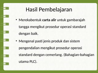 Hasil Pembelajaran
• Merekabentuk carta alir untuk gambarajah
tangga mengikut prosedur operasi standard
dengan baik.
• Mengenal pasti jenis produk dan sistem
pengendalian mengikut prosedur operasi
standard dengan cemerlang. (Bahagian-bahagian
utama PLC).
 