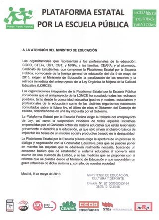 Carta al ministro de educación de la plataforma estatal por la escuela pública