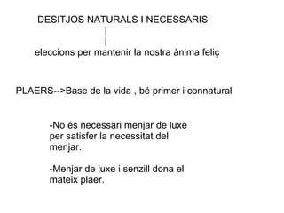 DESITJOS NATURALS I NECESSARIS
                   |
                   |
    eleccions per mantenir la nostra ànima feliç



PLAERS-->Base de la vida , bé primer i connatural


       -No és necessari menjar de luxe
       per satisfer la necessitat del
       menjar.

       -Menjar de luxe i senzill dona el
       mateix plaer.
 