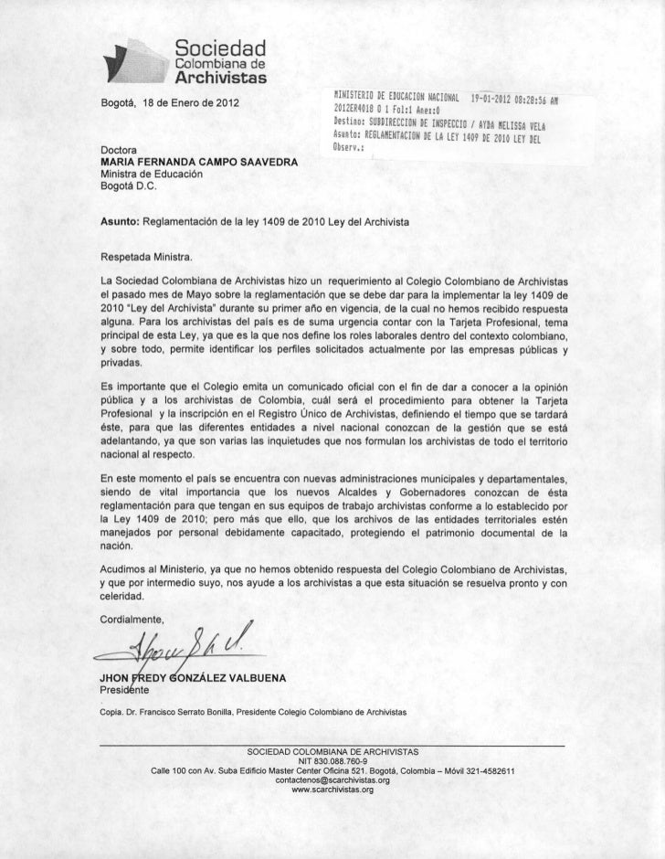 Carta Al Ministerio De Educacion Ley 1409 De 2010