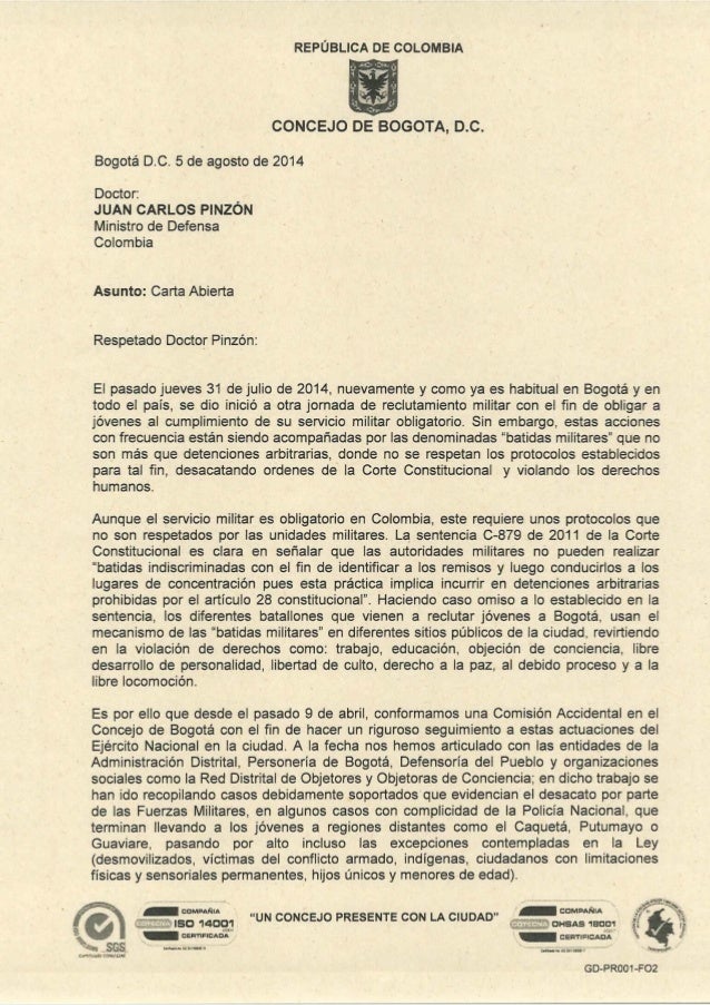 Carta a MinDefensa de la Comisión Accidental del Concejo 