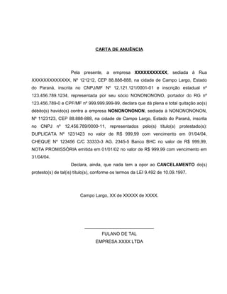 CARTA DE ANUÊNCIA
Pela presente, a empresa XXXXXXXXXXX, sediada à Rua
XXXXXXXXXXXXX, Nº 121212, CEP 88.888-888, na cidade de Campo Largo, Estado
do Paraná, inscrita no CNPJ/MF Nº 12.121.121/0001-01 e inscrição estadual nº
123.456.789.1234, representada por seu sócio NONONONONO, portador do RG nº
123.456.789-0 e CPF/MF nº 999.999.999-99, declara que dá plena e total quitação ao(s)
débito(s) havido(s) contra a empresa NONONONONON, sediada à NONONONONON,
Nº 1123123, CEP 88.888-888, na cidade de Campo Largo, Estado do Paraná, inscrita
no CNPJ nº 12.456.789/0000-11, representados pelo(s) título(s) protestado(s):
DUPLICATA Nº 1231423 no valor de R$ 999,99 com vencimento em 01/04/04,
CHEQUE Nº 123456 C/C 33333-3 AG. 2345-5 Banco BHC no valor de R$ 999,99,
NOTA PROMISSÓRIA emitida em 01/01/02 no valor de R$ 999,99 com vencimento em
31/04/04.
Declara, ainda, que nada tem a opor ao CANCELAMENTO do(s)
protesto(s) de tal(is) título(s), conforme os termos da LEI 9.492 de 10.09.1997.
Campo Largo, XX de XXXXX de XXXX.
____________________________
FULANO DE TAL
EMPRESA XXXX LTDA