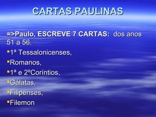CARTAS PAULINAS
=>Paulo, ESCREVE 7 CARTAS: dos anos
51 a 56.
1ª Tessalonicenses,
Romanos,
1ª e 2ºCoríntios,
Gálatas,
Filipenses,
Filemon

 