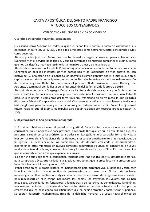 Carta apostólica del Papa Francisco a los consagrados