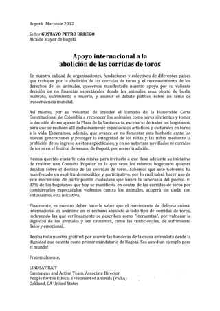 Carta de Apoyo Internacional al Alcalde de Bogotá para la Abolición de la Tauromaquia