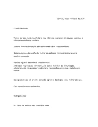 Carta ApresentaçãO Rod Act