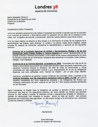 DDHH: Carta de Londres 38 al Presidente Piñera
