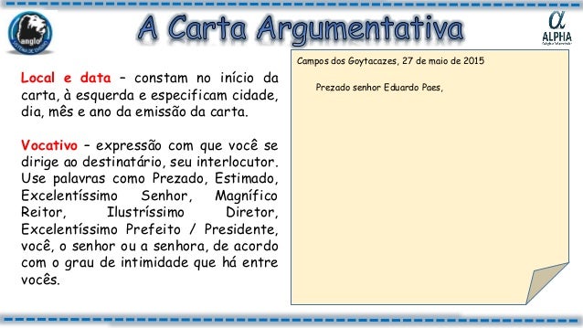 Redação  Carta Argumentativa  3ª ANO  Profª Maria Luiza