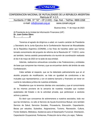 Carta a la UIF por la modificación de la Resolución N° 11/2012 