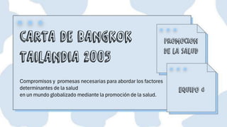 CARTA DE BANGKOK
TAILANDIA 2005
PROMOCIÓN
DE LA SALUD
Compromisos y promesas necesarias para abordar los factores
determinantes de la salud
en un mundo globalizado mediante la promoción de la salud.
EQUIPO 6
 