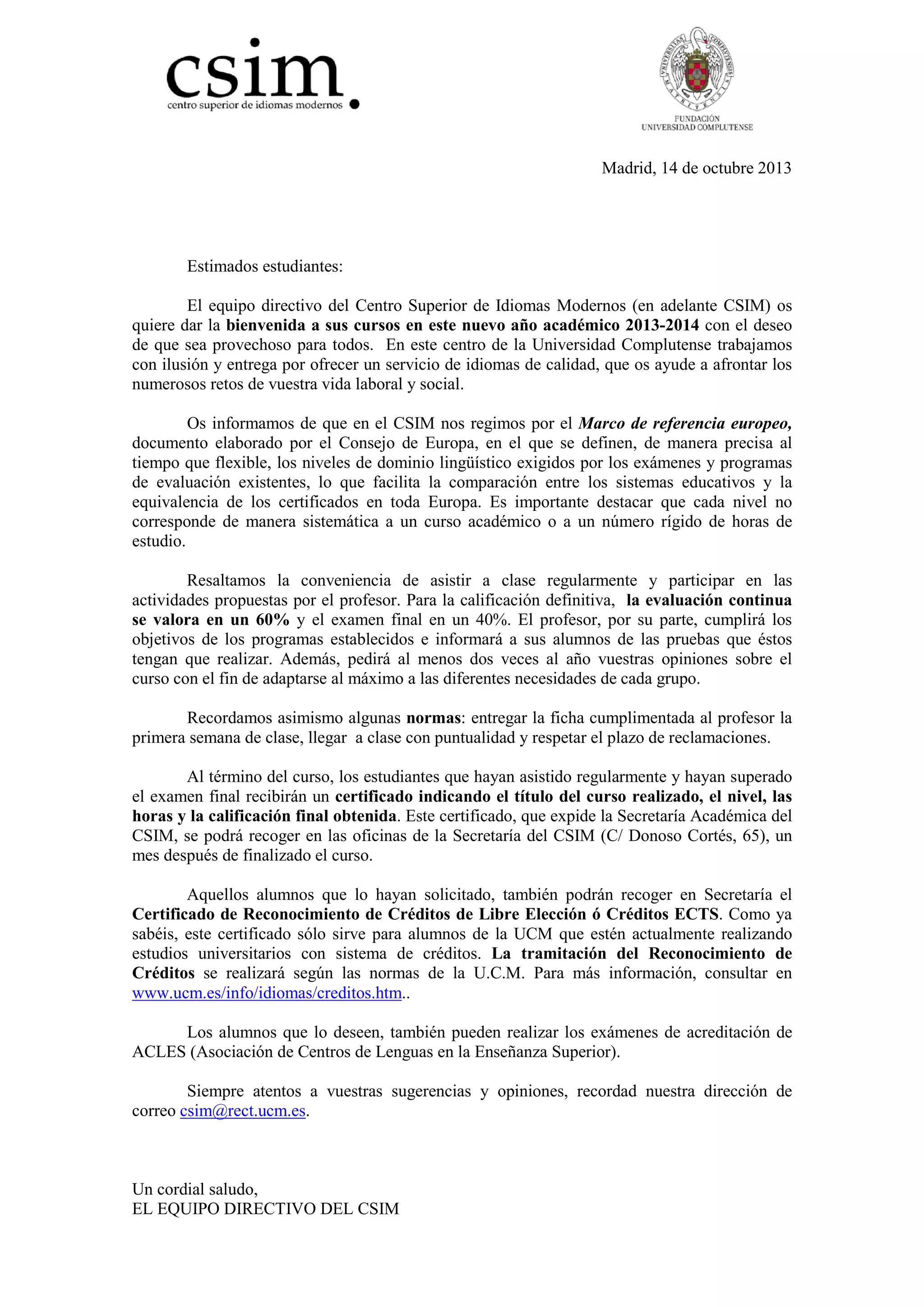 Carta bienvenida para alumnos 2013 14 | PDF