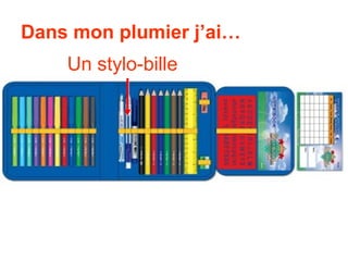 Dans mon plumier j’ai…
    Un stylo-bille
 