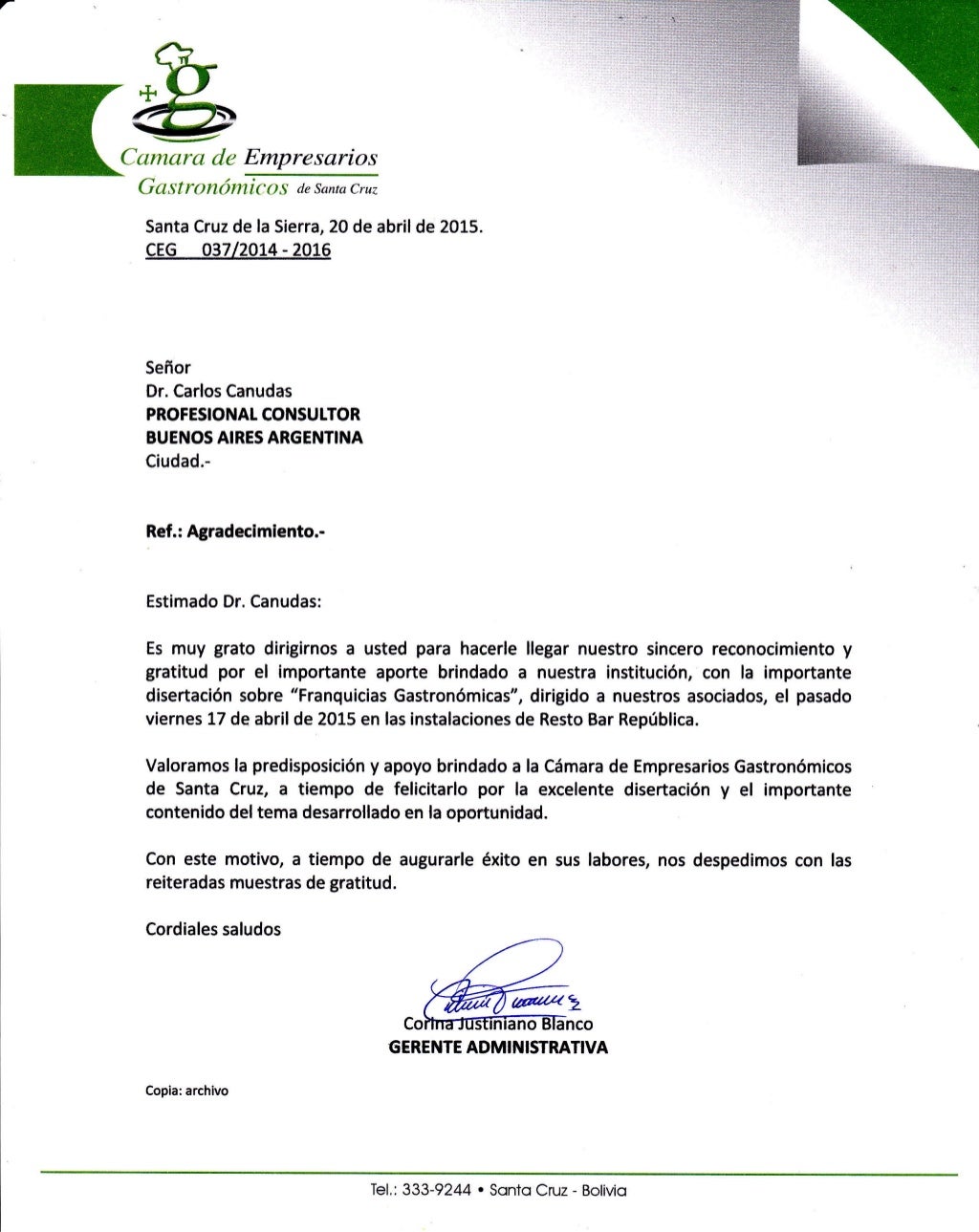 Carta de agradecimiento
