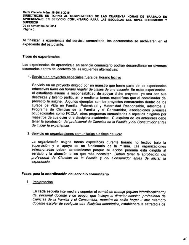 Carta circular de 40 horas de labor comunitaria