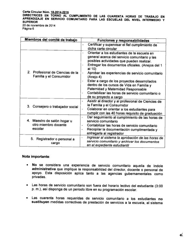 Carta circular de 40 horas de labor comunitaria