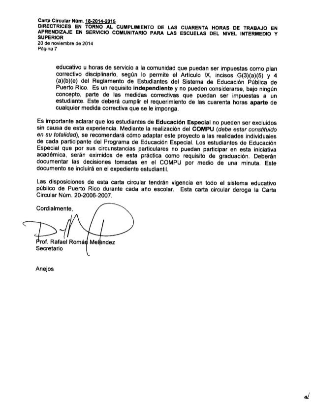 Carta circular de 40 horas de labor comunitaria