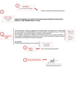 1         SUMILLA
                                  Es el orden del pedido
                                                                          Solicito: Certificado de Estudios Superiores
2

    DESTINATARIO
    Persona o entidad a
     quien se dirige la   DIRECTOR GENERAL DEL INSTITUTO DE EDUCACIÓN SUPERIOR TECNOLÓGICO
         solicitud        PÚBLICO “JOSÉ JIMÉNEZ BORJA”-TACNA




                          Yo Daniel Zavala Contreras, egresado de la Especialidad de Computación e Informática
                          2010, identificado con DNI 42626338, de 20 años de edad, domiciliado en la Av. Pinto 710
                                                                                                                         Datos del
                          de esta ciudad, con el debido respeto me dirijo a usted y expongo:                             solicitant
3                         Que, habiendo concluido mis estudios de educación superior en su casa de estudios y                e
TEXTOOCUE                 como requisito indispensable para continuar con el proceso de titulación respectivo solicito    Motivo o
      RPO                 la expedición del certificado de estudios realizados.                                          causa de la
Es el argumento                                                                                                           petición

                          Por lo tanto:
                          Es favor que quiero alcanzar por ser justicia
                                                                              Se reitera lo
                                                                               solicitado
                                            4      Lugar y                Tacna, 08 de setiembre del 2011
                                                    Fecha




                                            5     Firma del Solicitante


                                                                                    Daniel Zavala Contreras
 