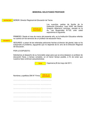 . MEMORIAL SOLICITANDO PROFESOR



DESTINATARIO   SEÑOR: Director Regional de Educación de Tacna.

                                                              Los suscritos, padres de familia de la
                                                              Institución Educativa “Juan XXIII” del Distrito
                                       DATOS DE LOS           Gregorio Albarracín Lanchipa, ubicado en la
                                       SOLICITANTES           Av. Las Buganvillas N°130, ante usted
                                                              exponemos lo siguiente:

               PRIMERO: Desde el mes de marzo del presente año, en la Institución Educativa referida
               no cuenta con los servicios de un profesor de educación física.
ARGUMENTO
               SEGUNDO: a pesar de las reiteradas peticiones hechas al director del plantel, éste no ha
               subsanado el problema, arguyendo que no depende de él, sino de la Dirección Regional
               de Educación.

               POR LO EXPUESTO:

               Solicitamos al despacho de su honorable cargo para que se sirva designar un profesor de
               educación física, a tiempo completo, en el menor tiempo posible, a fin de evitar que
               nuestros hijos continúen perjudicándose.

                                               FECHA          Cajamarca,26 de mayo del 2011.




                                                       FIRMA DE LOS
               Nombres y apellidos DNI N° Firma        SOLICITANTES

               …………………. …………………… ……………….

               …………………. …………………… ………………

               …………………. …………………… ……………….

               …………………. …………………… ……………….

               …………………. …………………… ………………

               …………………. …………………… ……………….
 