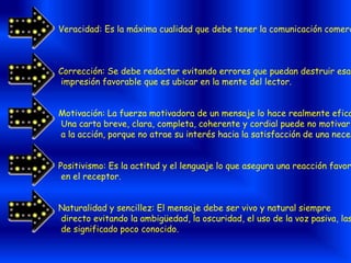 Veracidad: Es la máxima cualidad que debe tener la comunicación comerc
Corrección: Se debe redactar evitando errores que puedan destruir esa
impresión favorable que es ubicar en la mente del lector.
Motivación: La fuerza motivadora de un mensaje lo hace realmente efica
Una carta breve, clara, completa, coherente y cordial puede no motivar
a la acción, porque no atrae su interés hacia la satisfacción de una neces
Positivismo: Es la actitud y el lenguaje lo que asegura una reacción favor
en el receptor.
Naturalidad y sencillez: El mensaje debe ser vivo y natural siempre
directo evitando la ambigüedad, la oscuridad, el uso de la voz pasiva, las
de significado poco conocido.
 