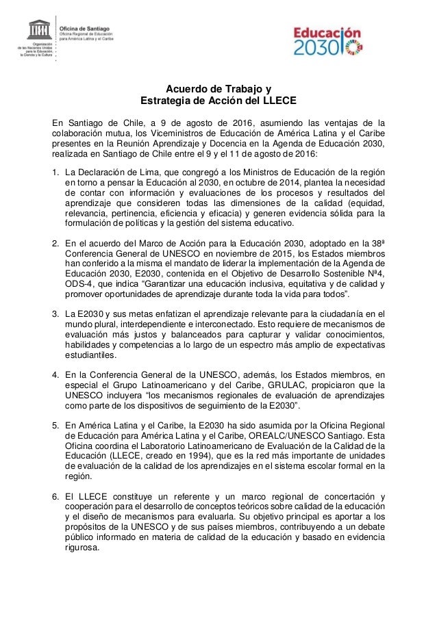Acuerdo de Trabajo y Estrategia de Acción del LLECE. Carta 