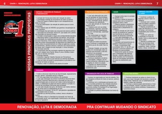 6        CHAPA 1 - RENOVAÇÃO, LUTA E DEMOCRACIA                                                                                                                                      CHAPA 1 - RENOVAÇÃO, LUTA E DEMOCRACIA                               7

                                                                EMPREGO, CONDIÇÕES DE TRABALHO                                         POLÍTICAS SOCIAIS E FORMAÇÃO                Saúde                                   ESPORTE, CULTURA
NOSSOS                                                                                                                                                                                                                     E LAZER




                                 NOSSAS PRINCIPAIS PROPOSTAS
                                                                E REMUNERAÇÃO
COMPROMISSOS                                                                                                                            • Lutar pela efetivação das políti-        • Avançar ainda mais no combate
                                                                •  Jornada de 6 horas para todos sem redução de salário               cas de igualdade de oportunidades          ao assédio moral                          • Incentivar a prática de
                                                                                                                                                                                                                          esportes cultura e lazer na
                                                                •  Contratação imediata de funcionários em todos os bancos            contemplando as questões de gêne-            • Priorizar a saúde do bancário e      categoria
                                                                •  Plano de Cargos e Salários digno e com transparência em            ro, raça, orientação sexual, geracio-
                                                                                                                                      nal e pessoas com deficiência
                                                                                                                                                                                 realizar junto com a Contraf-CUT
                                                                                                                                                                                                                           • Continuar com o campe-
                                                               todos os bancos                                                                                                   campanha sobre o tema
                                                                • Fim da rotatividade e da redução de salários para os novos            • Lutar pela isenção do Imposto de         • Elaborar estudos e estatísticas      onato de futebol e ampliá-lo
                                                                                                                                      Renda na PLR                                                                        para o interior do estado
                                                               contratados                                                                                                       sobre acometimento de doenças
                                                                • Piso Salarial (piso do DIEESE) que garanta a recuperação do           • Trabalhar junto com as entida-         ocupacionais e afastamentos na            • Realizar anualmente os
                                                                                                                                      des estaduais, regionais, nacionais                                                 Jogos dos Bancários no Clube
                                                               poder aquisitivo                                                                                                  categoria
                                                                                                                                                                                                                          de Campo, com diversas
                                                                • Contratação dos aprovados nos concursos dos bancos públicos         e internacionais dos trabalhadores,          • Cobrar emissão de CAT (Comu-         modalidades para homens e
                                                                • Aprovação da Convenção 158 da OIT, que acaba com a demis-           como CUT, FETRAFI/NE, CONTRAF-
                                                                                                                                      -CUT e UNI
                                                                                                                                                                                 nicação de Acidente de Trabalho)
                                                                                                                                                                                                                          mulheres
                                                               são imotivada nos bancos privados                                                                                 nas ocorrências de assalto e se-
                                                                • Combater a terceirização e a figura dos correspondentes bancários     • Dar continuidade ao intercâm-          questro de bancários e familiares         • Investir em melhorias
                                                                                                                                                                                                                          e ampliação no Clube de
                                                                • Segurança melhor e mais eficiente nos bancos, com priorida-         bio com o terceiro setor – ONG’s,
                                                                                                                                      instituições e associações na área
                                                                                                                                                                                   • Lutar pela implantação e de-         Campo, como a construção de
                                                               de na proteção dos trabalhadores bancários e dos usuários dos                                                     mocratização dos comitês de ética
                                                                                                                                      de formação                                                                         novos chalés
                                                               serviços financeiros. Entre nossas propostas estão a obrigatorie-                                                 nos bancos
                                                               dade das portas individualizadas de segurança com detectores de          • Criação de coletivo de aposen-           • Combater permanentemente os           • Valorizar os artistas ban-
   O Sindicato pertence aos                                                                                                           tados e continuar a mobilização dos                                                 cários nas diversas áreas
                                                               metais antes do autoatendimento em todas as agências e postos                                                     assédios institucional e sexual
bancários e é seu instrumen-                                   de atendimento, câmeras internas e externas com monitoramento          bancários que já não estão mais na           • Exigir o cumprimento das              • Ampliar convênios com
                                                                                                                                      ativa                                                                               academias, hotéis, cinemas,
                                                               em tempo real e imagens de alta resolução, e vidros blindados                                                     convenções 100 e 111 da OIT, que
to na busca de melhores con-
                                                               nas fachadas externas                                                    • Sindicato Cidadão, em que são          garantem a isonomia salarial e a
                                                                                                                                                                                                                          teatros, shows, turismo etc
dições de trabalho e de vida.                                   • Cumprimento das leis municipais vigentes de segurança ban-          levados em consideração todos os           igualdade de oportunidades
Por isso tem de ser gerido                                     cária (em cidades como Recife, Abreu e Lima e Olinda) e exten-         aspectos que envolvem a vida dos
                                                                                                                                      bancários e da sociedade
                                                                                                                                                                                   • Desenvolver ações de preven-
                                                               são para os demais municípios                                                                                     ção e antecipação das doenças
com democracia e respeito às
                                                                • Emprego decente                                                       • Incentivar a ampliação da partici-     laborais, visitando agências e fa-
decisões coletivas da nossa                                     • Implantar a Agenda Trabalho Decente em Pernambuco                   pação feminina na política
                                                                                                                                        • Continuar ampliando convênios
                                                                                                                                                                                 zendo reuniões com funcionários,
classe. Juntos, avançamos e                                     • Isonomia para todos os que exercem as mesmas atividades                                                        dando as informações pertinentes
continuaremos avançando em                                      • Lutar por plano de saúde na aposentadoria e previdência com-        com faculdades, colégios e de for-
                                                                                                                                      mação profissional, estendendo para
                                                                                                                                                                                 em casos de afastamento pelo
                                                               plementar em todos os bancos                                                                                      INSS
busca de novas conquistas,                                      • Ampliar a rede e a cobertura dos planos de saúde                    as regiões do interior do estado
                                                                                                                                        • Trabalhar por desenvolvimento
por melhor qualidade de vida                                                                                                          sustentável e por uma economia
e igualdade de oportunidades.                                                                                                         socialmente justa
                                                                CIDADANIA
   Para buscar esses objetivos
apresentamos nossa CARTA-                                       • Coibir e denunciar toda forma de discriminação, especialmente        ORGANIZAÇÃO POR LOCAL DE TRABALHO                           ESTRUTURA INTERNA
                                                               de raça, gênero, orientação sexual e religiosa
-PROGRAMA para a gestão                                         • Por uma seguridade social pública e de qualidade                      • Avançar na organização por local de trabalho. Ele-       • Continuar ampliando as ações no interior do es-
2012/2015. Programa que foi                                     • Lutar pela realização da primeira Conferência Nacional sobre        ger delegados sindicais em todos os bancos, públicos        tado, para maior interação dos bancários e bancárias
feito de maneira democrática,                                  o Sistema Financeiro Nacional para a discussão de uma nova             e privados                                                  destas áreas. Rediscutir com os trabalhadores das
com a participação dos ban-
                                                               regulamentação para os bancos com vistas à democratização do             • Continuar com a mobilização permanente com              regiões o papel das subsedes
                                                               crédito, a redefinição do papel dos bancos públicos e privado e o      atos e reuniões periódicas nas unidades bancárias            • Continuar a reestruturação administrativa e finan-
cários, porque esse é o jeito                                  controle das atividades financeiras pela sociedade                       • Apoiar e implantar campanha por liberdade e             ceira da entidade, visando o equilíbrio entre receita
da Chapa 1 administrar, va-                                     • Lutar pela redução dos juros, de tributos e por melhor distribui-   autonomia sindical (Convenção 87 da Organização             e despesa com as verbas ordinárias, fortalecendo a
                                                               ção de renda entre os trabalhadores do país                            Internacional do Trabalho, OIT)                             autonomia sindical
lorizando a contribuição de                                     • Defesa da Convenção 156 da OIT, que garante a igualdade de            • Combater as práticas antissindicais nos locais de
todos os bancários, de bancos                                  oportunidades entre os sexos                                           trabalho
privados ou públicos.                                           • Defender as reformas política, sindical, fiscal e tributária e
                                                               agrária
                                                                • Defender a ética e a liberdade de expressão nos meios de
                                                               comunicação social, com organização e democracia e em defesa
                                                               do marco regulatório




                    RENOVAÇÃO, LUTA E DEMOCRACIA                                                                                       PRA CONTINUAR MUDANDO O SINDICATO
 