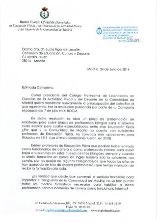 Carta a la Consejera Educación (Lucía Figar). Bolsa interinos para centros Bilingües 