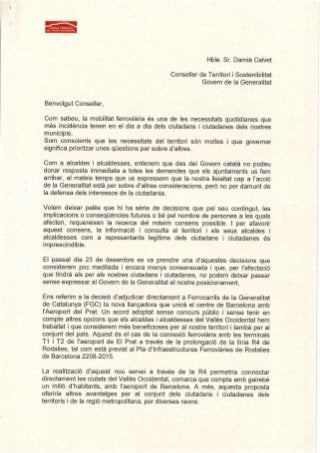 Carta del Consell Comarcal al conseller de Territori i Sostenibilitat, Damià Calvet